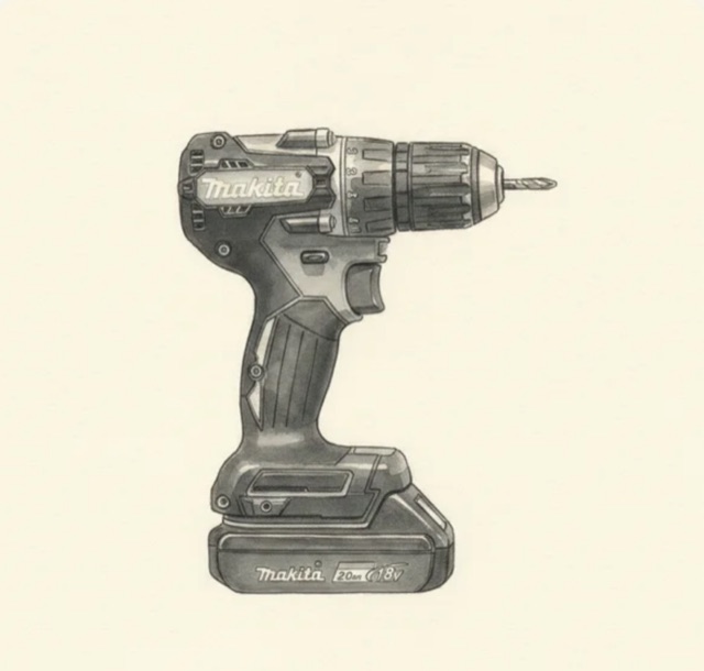 The same drill as a watercolor catalog card